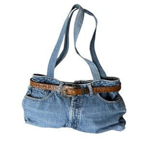 Upcycled Denim Shoulder Bag Tote Jean Purse Pockets Velcro Belt Medium Wash